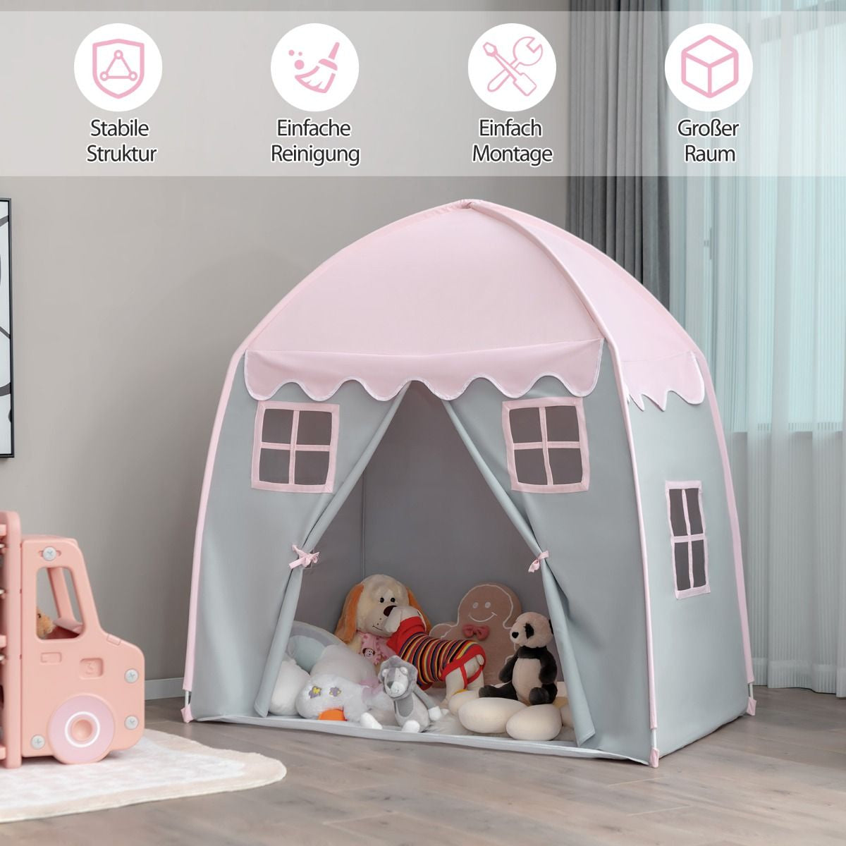 Kinderzelt Großes Prinzessinnenzelt Mit Tragetasche Anti-Rutsch-Matte Reißverschluss Rosa