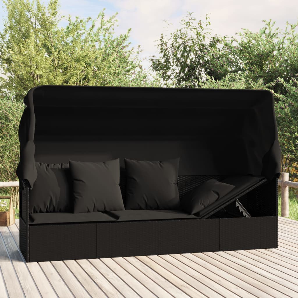 Outdoor Loungebett mit Dach und Kissen – PE-Rattan Gartenliege
