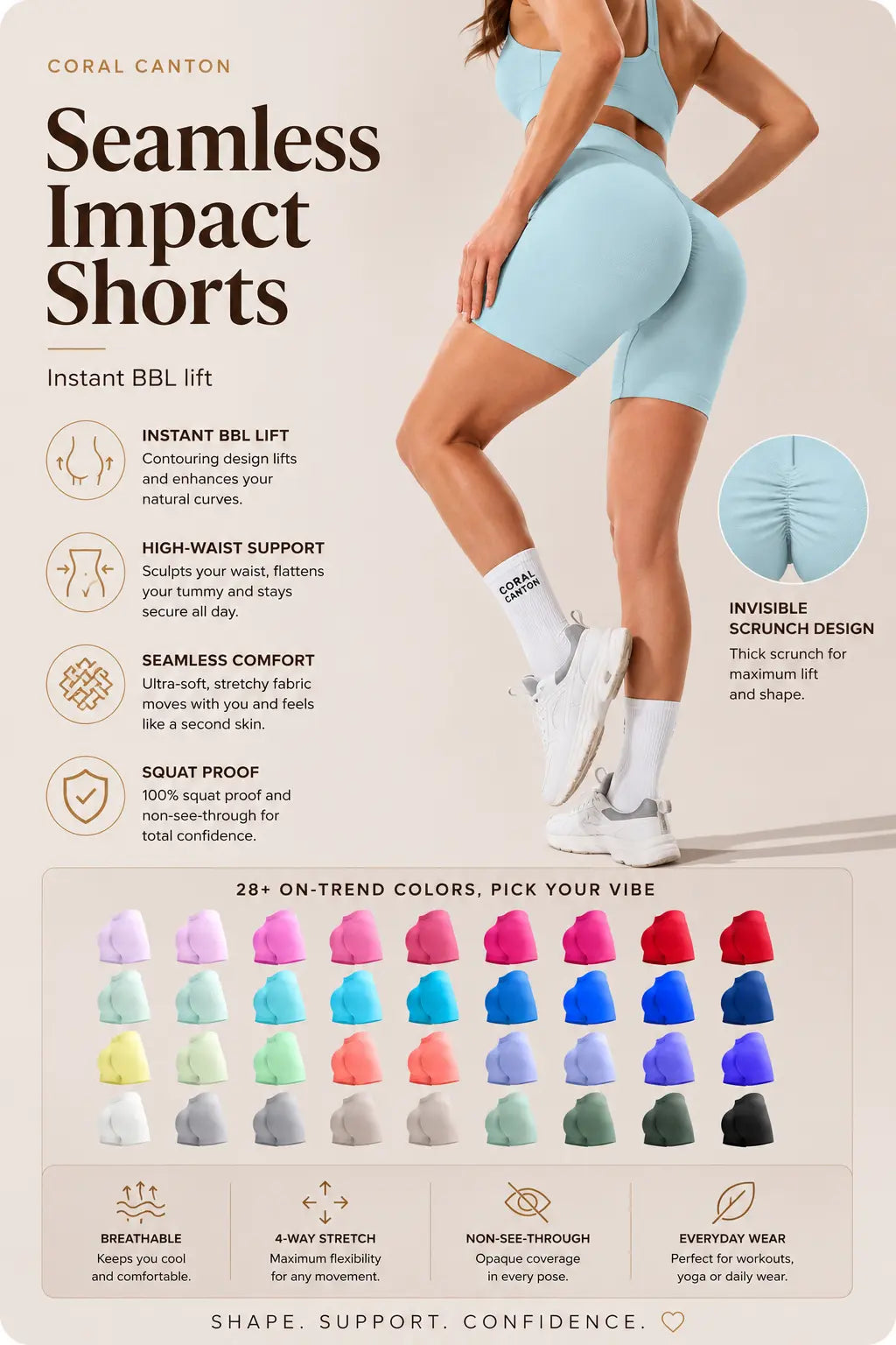 Coral Canton Sports Shorts High Waistband Butt Lifting Coral Canton